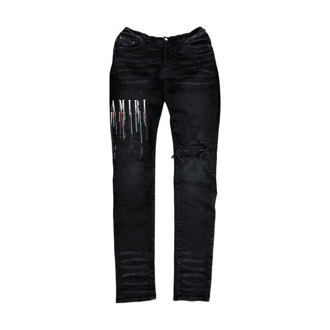 AMIRI Embroidered Paint Drip Core Logo Distressed Skinny Jeans Black (USED)
