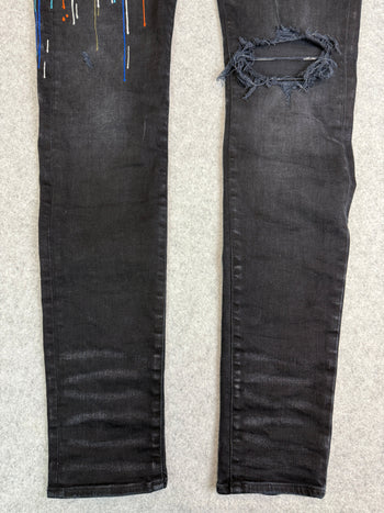 AMIRI Embroidered Paint Drip Core Logo Distressed Skinny Jeans Black (USED)