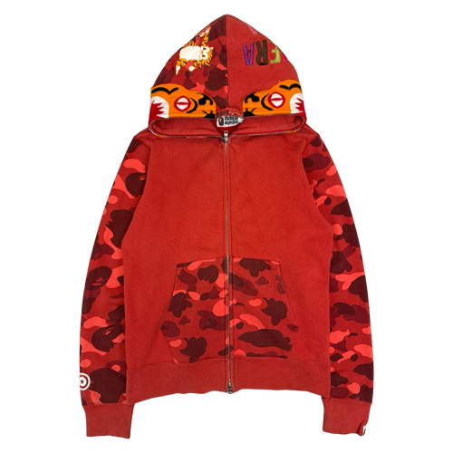 BAPE Color Camo Tiger Shark Full Zip Hoodie Red (USED) | Vintage Clothing Store Canada