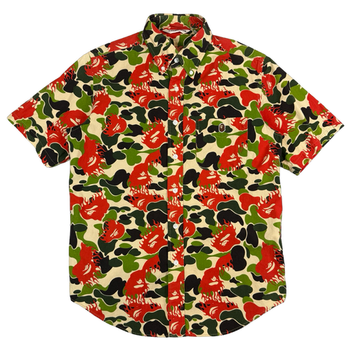BAPE Fire Ape Head Camo Button Up Tee Green/Red (USED) | Vintage Clothing Store Canada