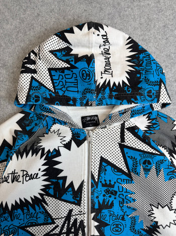 Stussy Vintage Comic AOP Zip Up Sweater White/Blue (USED)
