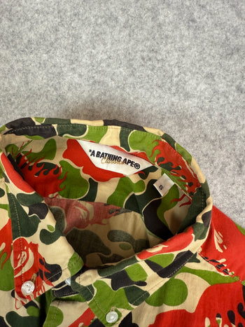 BAPE Fire Ape Head Camo Button Up Tee Green/Red (USED)
