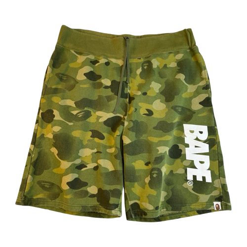 BAPE Spellout Camo Sweatshorts Olive Green (USED) | Vintage Clothing Store Canada