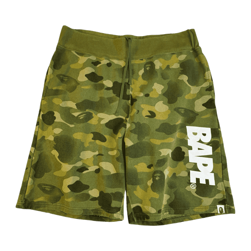 BAPE Spellout Camo Sweatshorts Olive Green (USED) | Vintage Clothing Store Canada