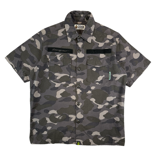 BAPE Desert Camo Velcro Logo Button Up Tee Black/Grey (USED) | Vintage Clothing Store Canada