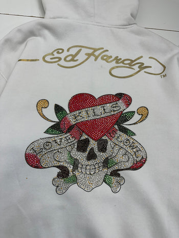 Vintage Y2K Ed Hardy Love Kills Slowly Rhinestone Hoodie White