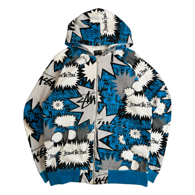 Stussy Vintage Comic AOP Zip Up Sweater White/Blue (USED)
