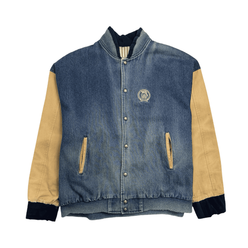 (XL) Vintage 90s Faded Denim Varsity Jacket | Vintage Clothing Store Canada