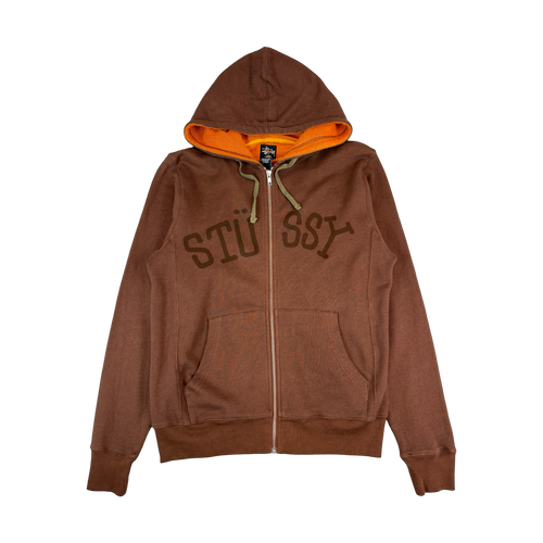 Stussy Brown Orange Logo Zip Up Hoodie (USED) | Vintage Clothing Store Canada