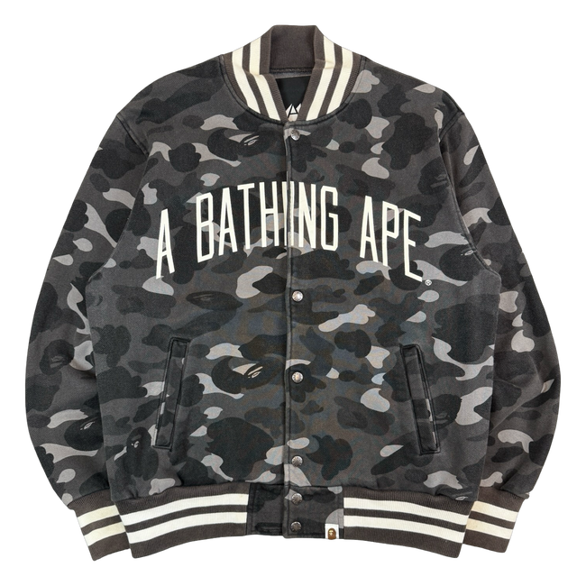 BAPE Spell Out Dark Camo Varsity Jacket Black/Grey (USED)