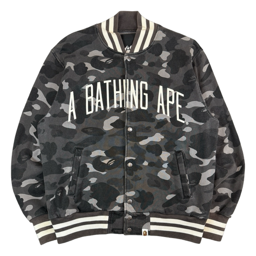 BAPE Spell Out Dark Camo Varsity Jacket Black/Grey (USED) | Vintage Clothing Store Canada