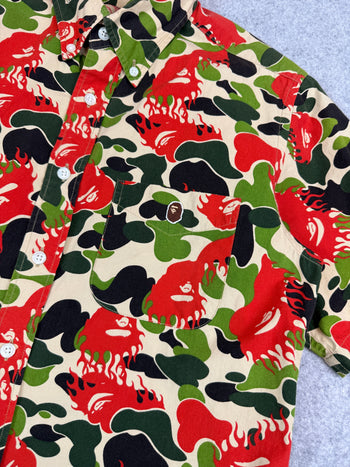 BAPE Fire Ape Head Camo Button Up Tee Green/Red (USED)