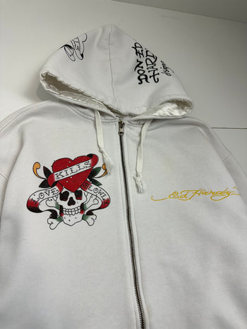 Vintage Y2K Ed Hardy Love Kills Slowly Rhinestone Hoodie White