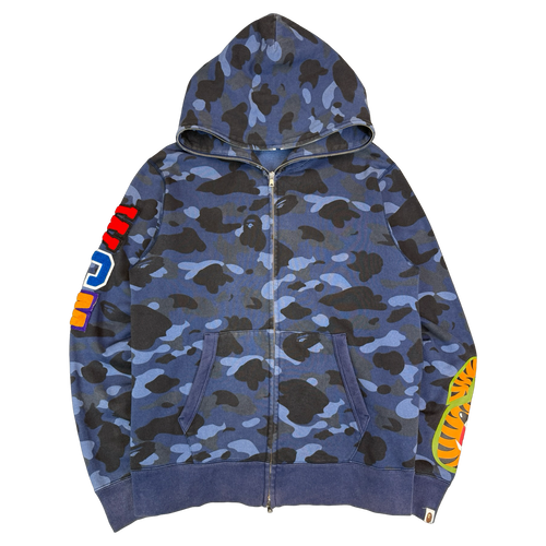 BAPE Embroidered Shark Camo Full Zip Hoodie Navy (USED) | Vintage Clothing Store Canada
