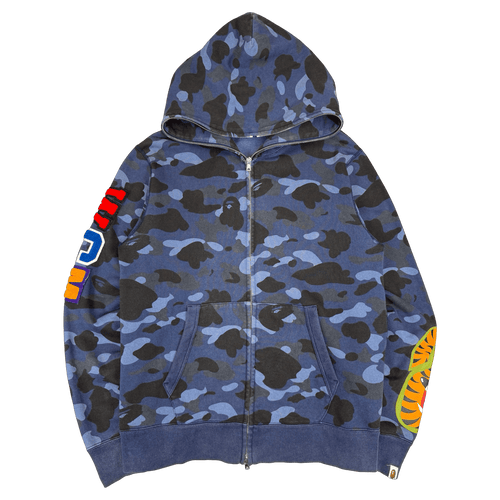 BAPE Embroidered Shark Camo Full Zip Hoodie Navy (USED) | Vintage Clothing Store Canada