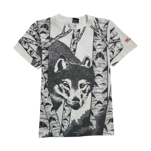 Vintage 90s AOP Nature Wolf Tee White | Vintage Clothing Store Canada