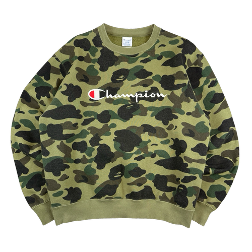 BAPE x Champion Logo Camo Sweatshirt Green (USED) | Vintage Clothing Store Canada