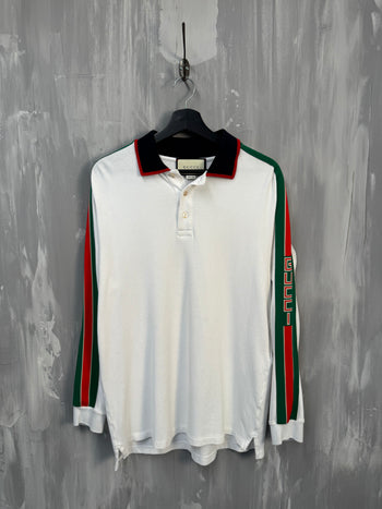 Gucci Web-striped Longsleeve Polo Shirt White