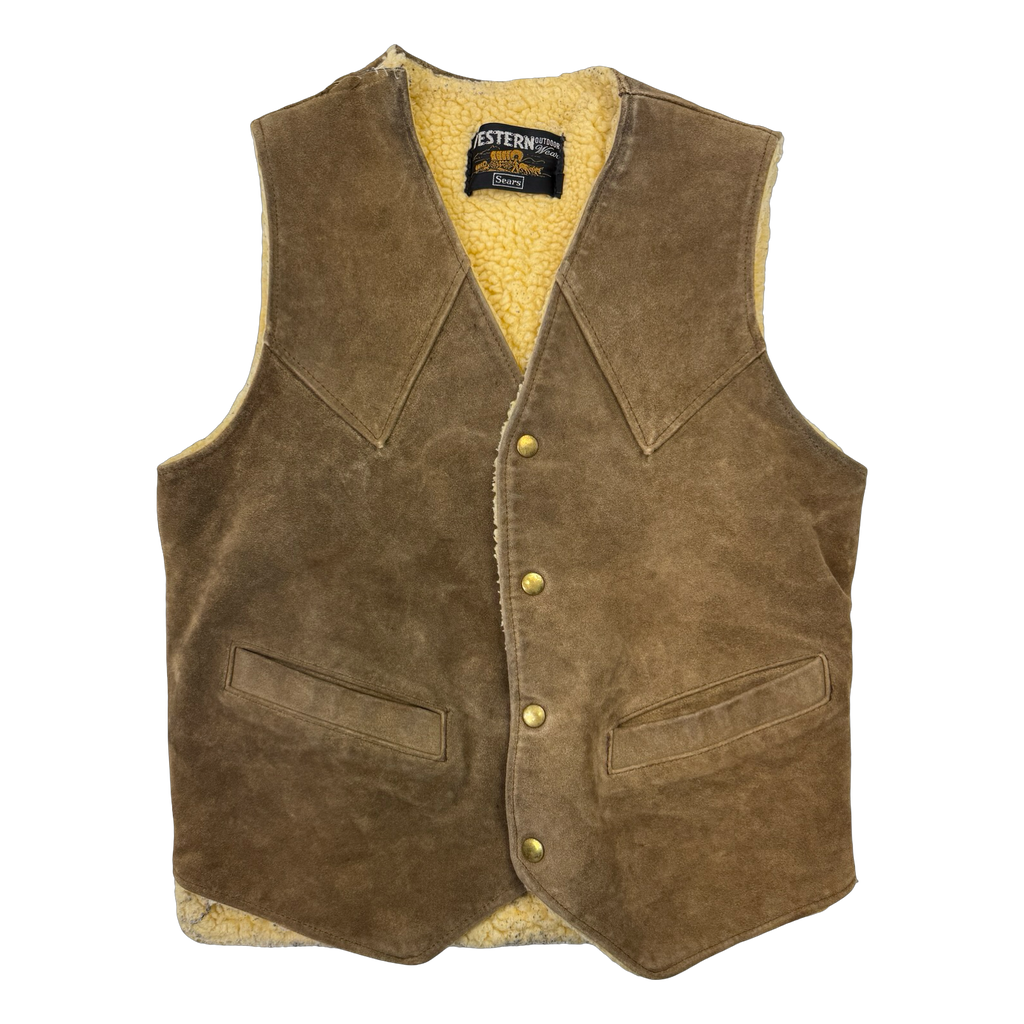 Vintage Sears Western Sherpa Lined Suede Vest Brown