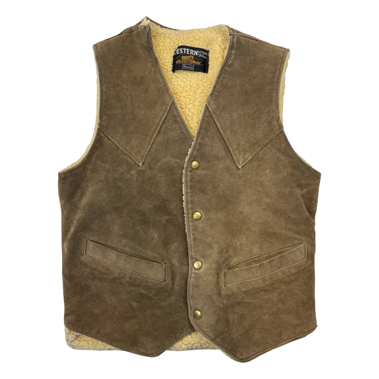 Vintage Sears Western Sherpa Lined Suede Vest Brown