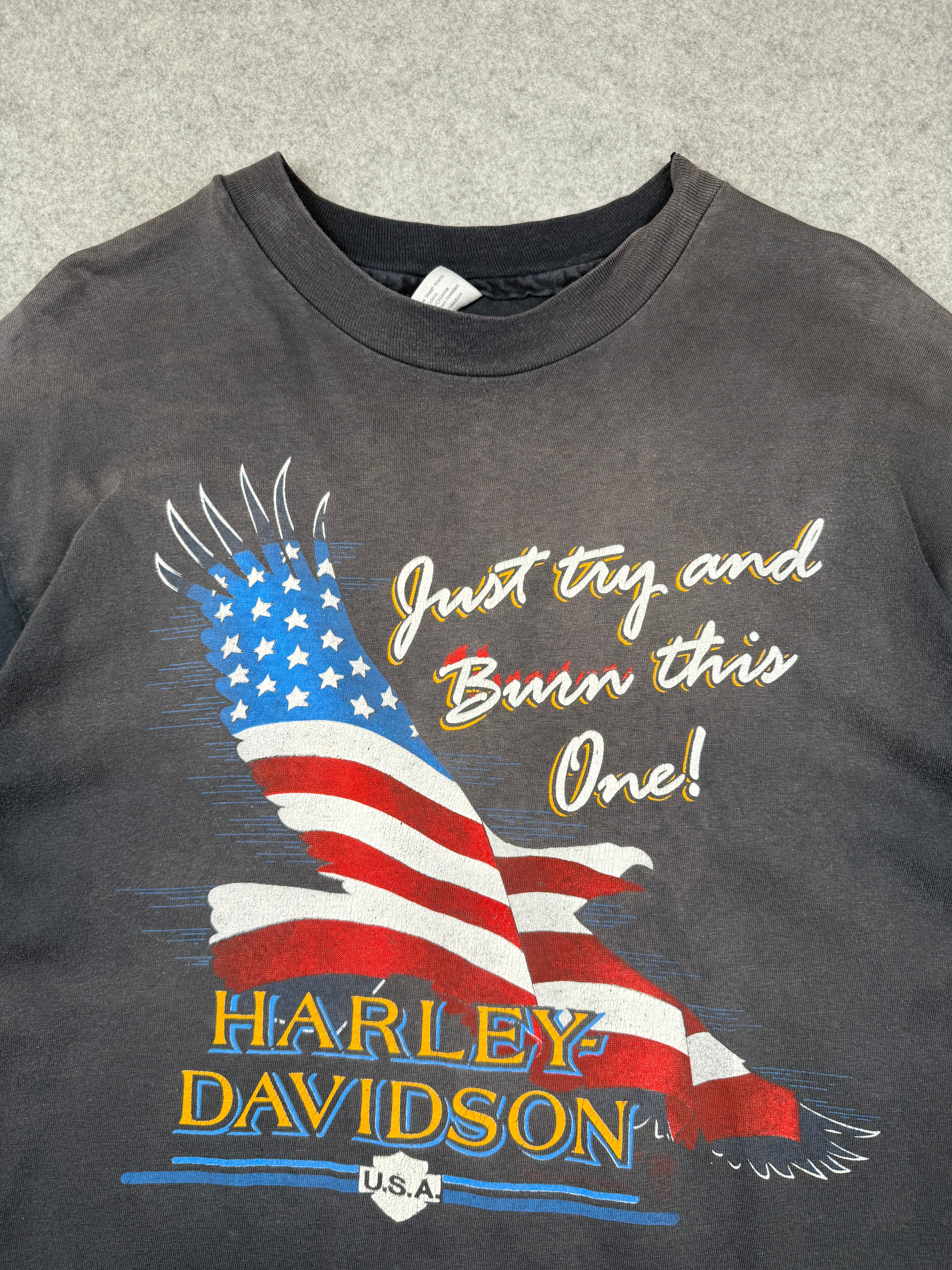 Vintage Harley Davidson Just Try And Burn This One Tee Faded Black