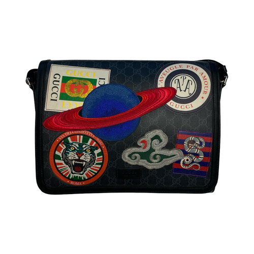 Gucci Night Courier GG Supreme Flap Messenger Bag Black | Vintage Clothing Store Canada