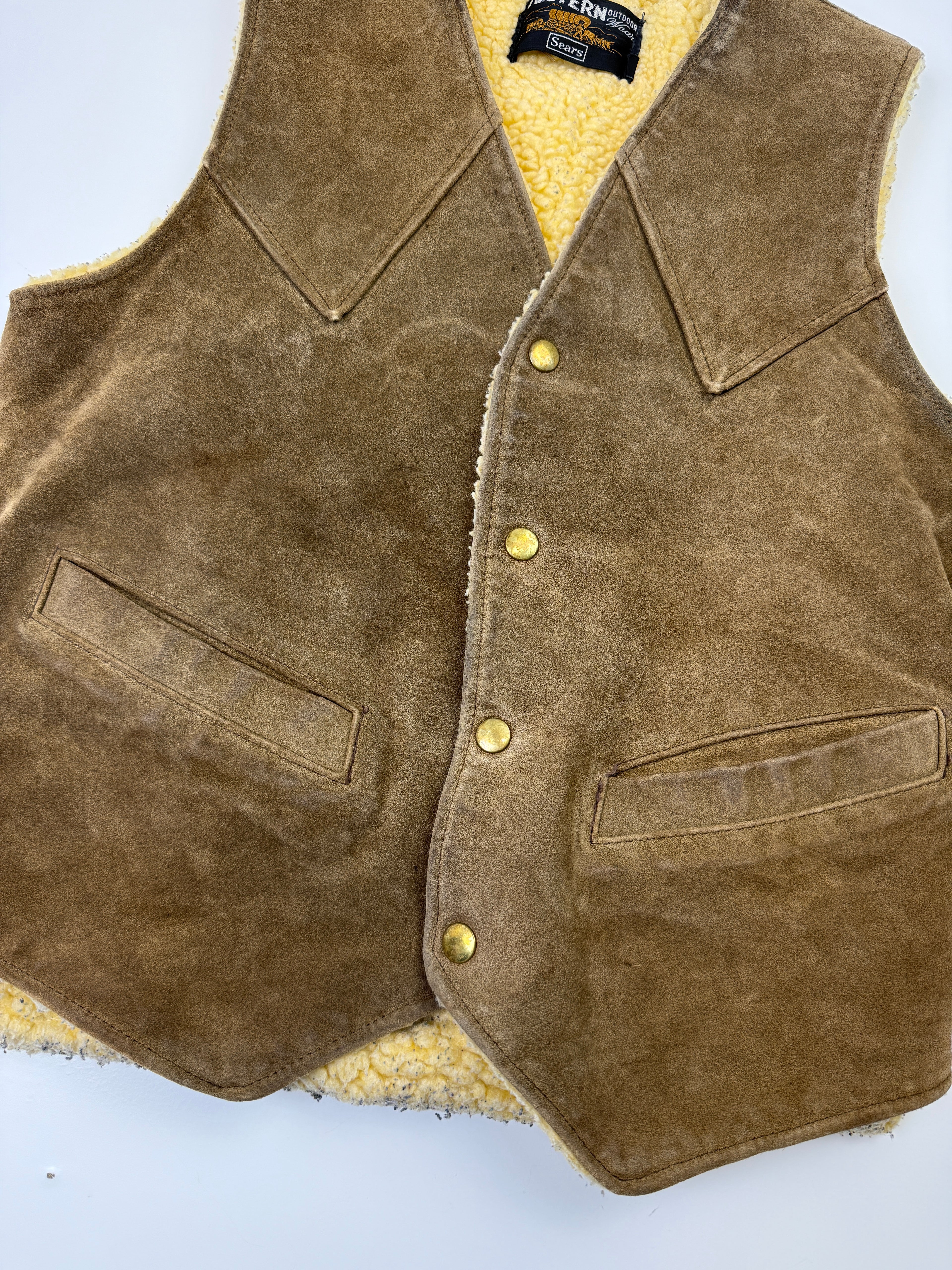 Vintage Sears Western Sherpa Lined Suede Vest Brown