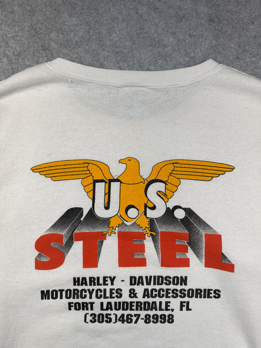 Vintage Harley Davidson 3D Emblem U.S Steel Sweatshirt White | Vitnage Clothing Store Canada