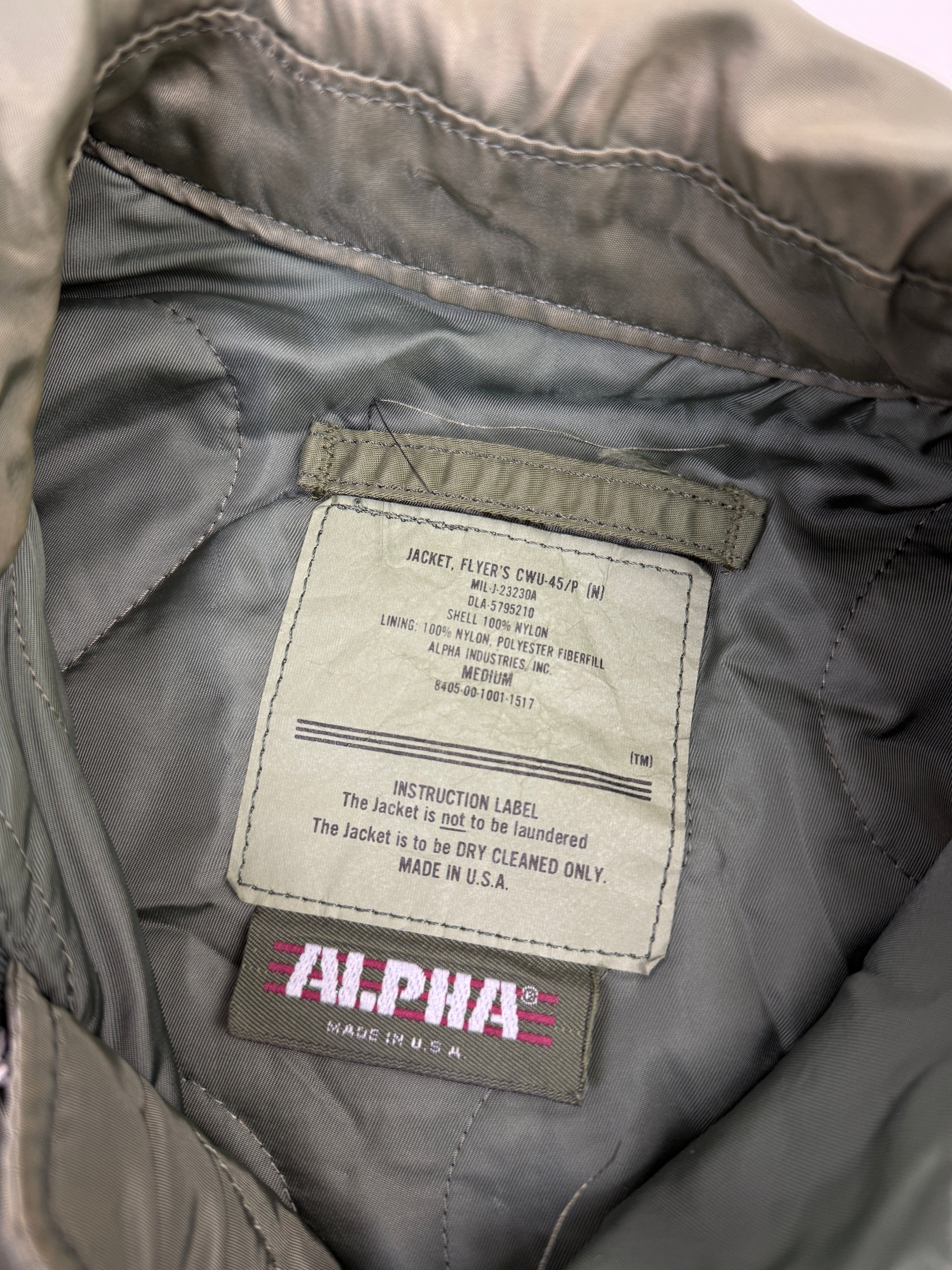Vintage Alpha Industries CWU 45/P Flight Bomber Jacket Green