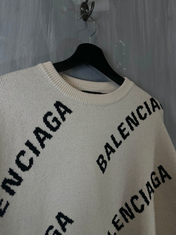 Balenciaga All-Over Logo Oversized Crewneck White (USED)