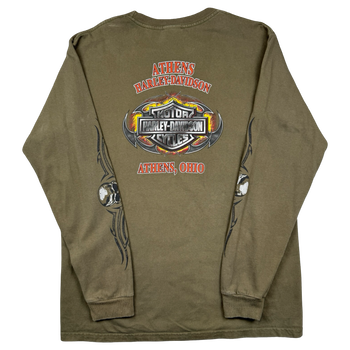 Vintage Harley Davidson Athens Skull Sleeve L/S Tee Olive