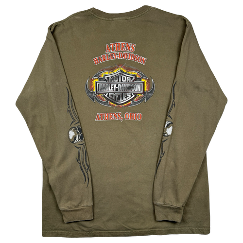 Vintage Harley Davidson Athens Skull Sleeve L/S Tee Olive | Vintage Clothing Store Canada