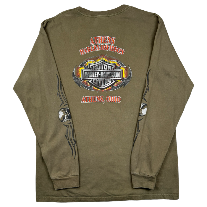 Vintage Harley Davidson Athens Skull Sleeve L/S Tee Olive | Vitnage Clothing Store Canada