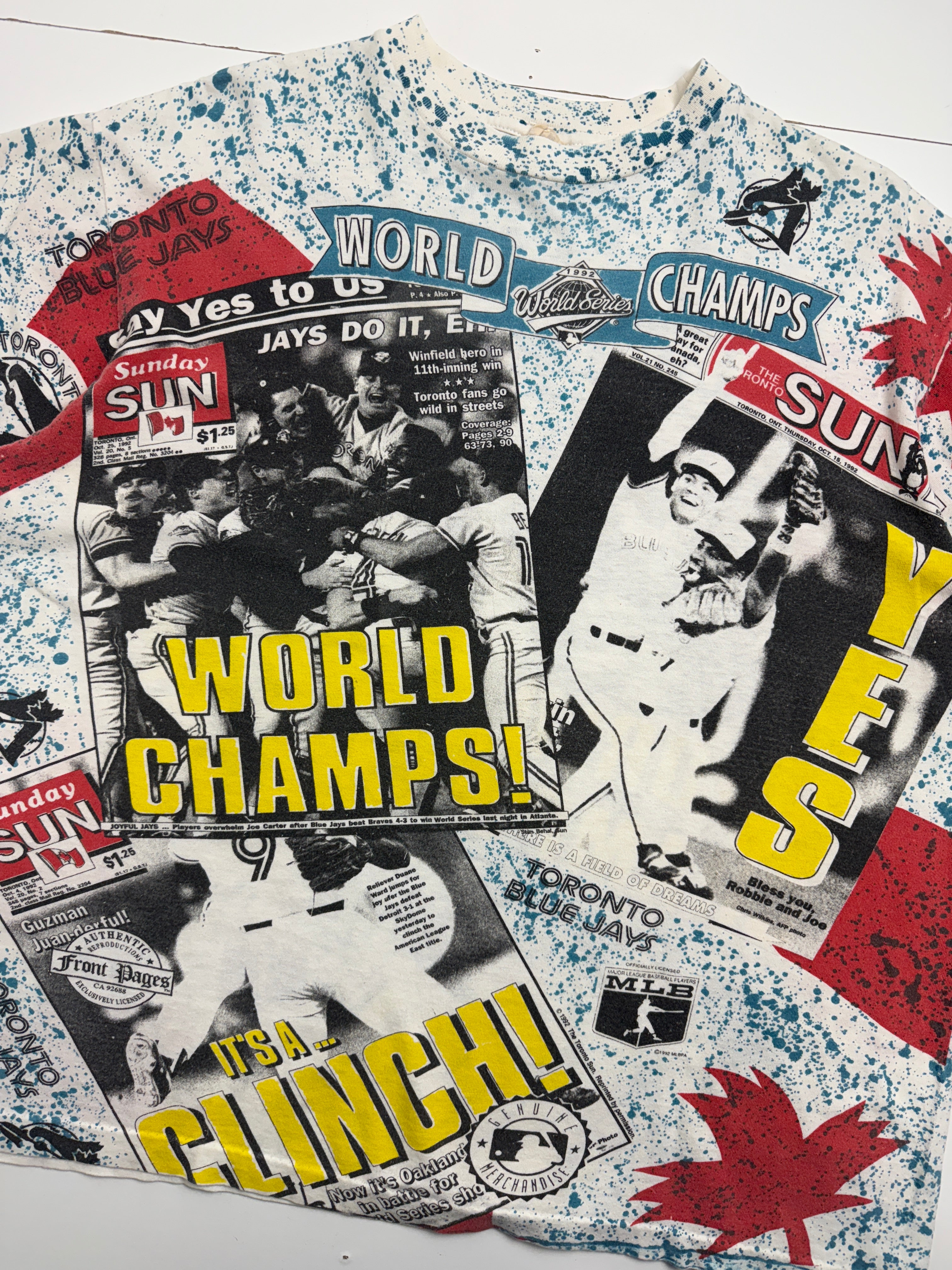 Vintage 1992 Toronto Blue Jays Newspaper AOP Tee