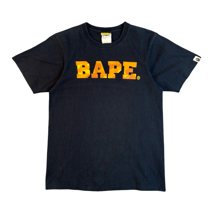 BAPE Orange Camo Spellout Tee Black (USED) | Vitnage Clothing Store Canada