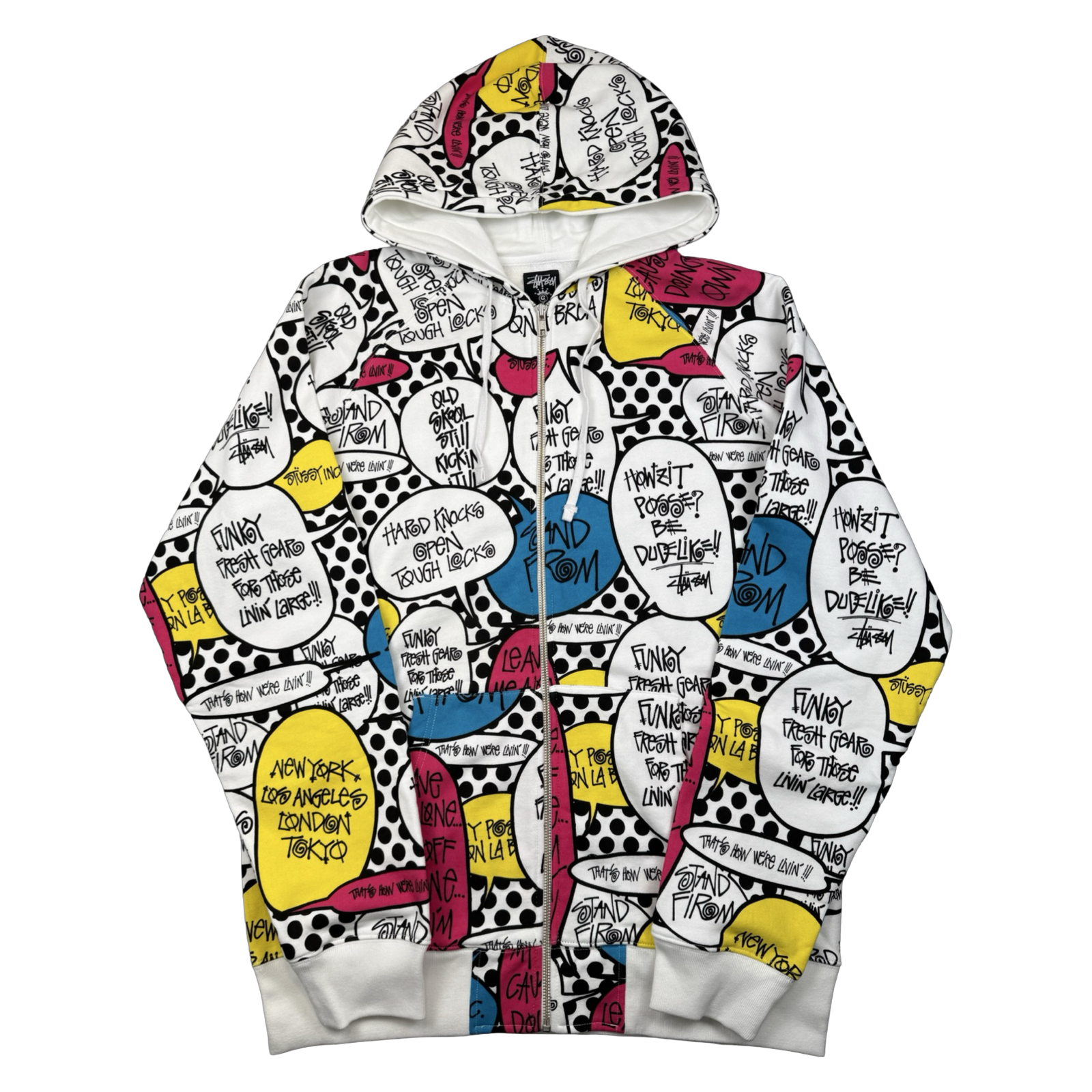 Vintage Stussy Comic Bubble AOP Zip Up Sweater White