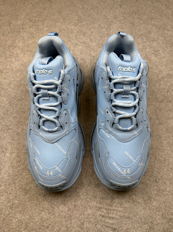 Balenciaga Triple S Logo Print Foam And Mesh Sneakers Light Blue (USED)