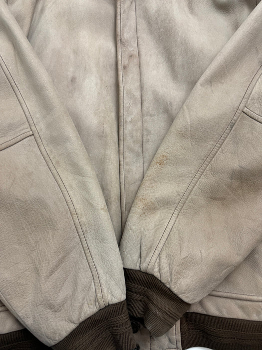 (XL) Vintage Leather Zip-Up Jacket Beige | Vitnage Clothing Store Canada