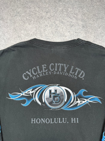 Vintage Harley Davidson Blue Flame Sleeve L/S Tee Black
