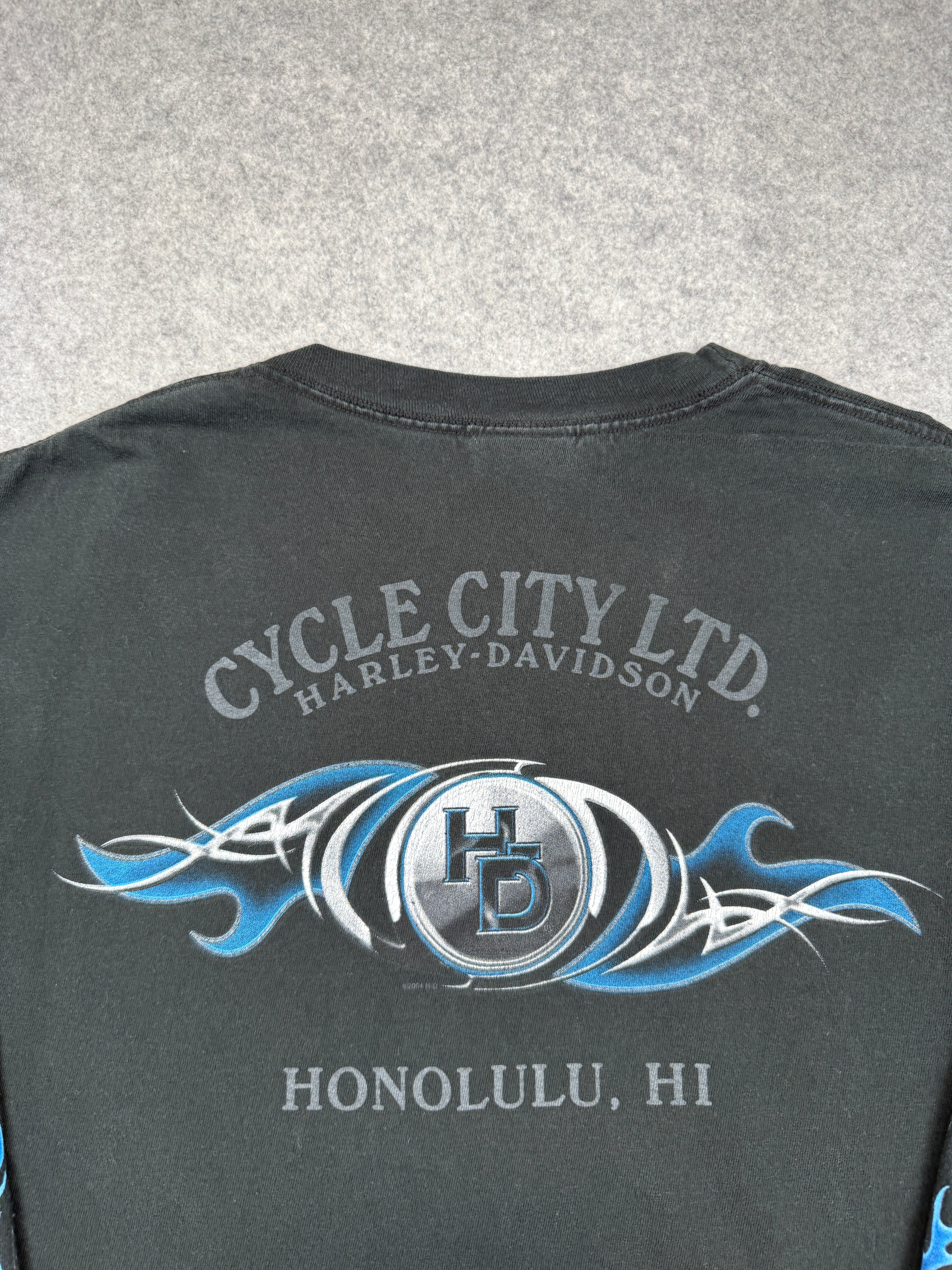 Vintage Harley Davidson Blue Flame Sleeve L/S Tee Black