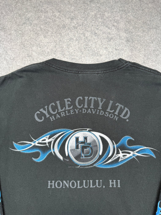 Vintage Harley Davidson Blue Flame Sleeve L/S Tee Black | Vitnage Clothing Store Canada