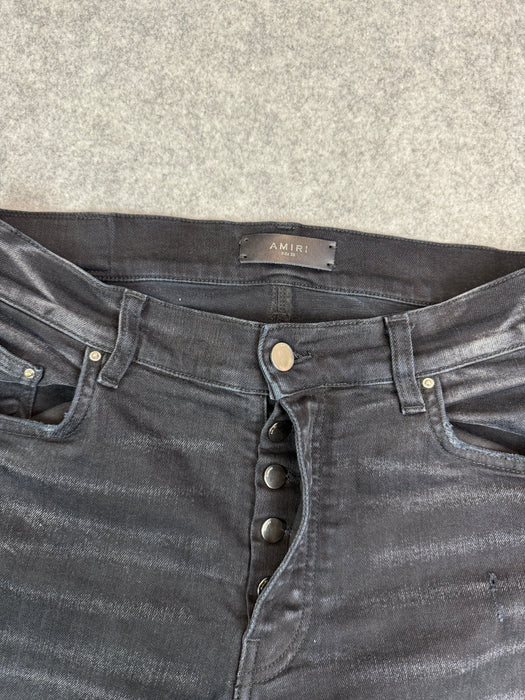 AMIRI Embroidered Paint Drip Core Logo Distressed Skinny Jeans Black (USED) | Vitnage Clothing Store Canada