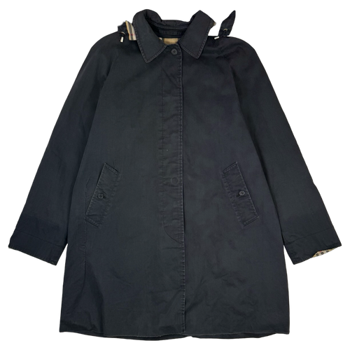 Vintage Burberry Check Lining Hooded Coat Black | Vintage Clothing Store Canada