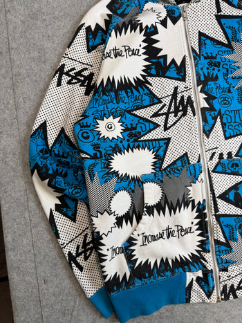 Stussy Vintage Comic AOP Zip Up Sweater White/Blue (USED)