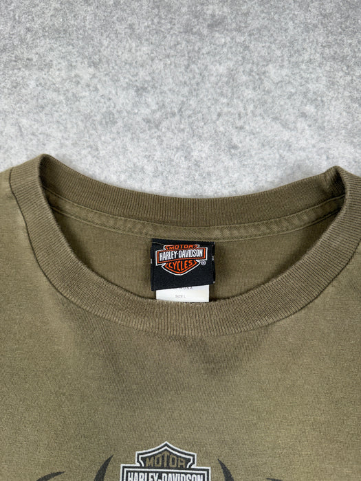 Vintage Harley Davidson Athens Skull Sleeve L/S Tee Olive | Vitnage Clothing Store Canada