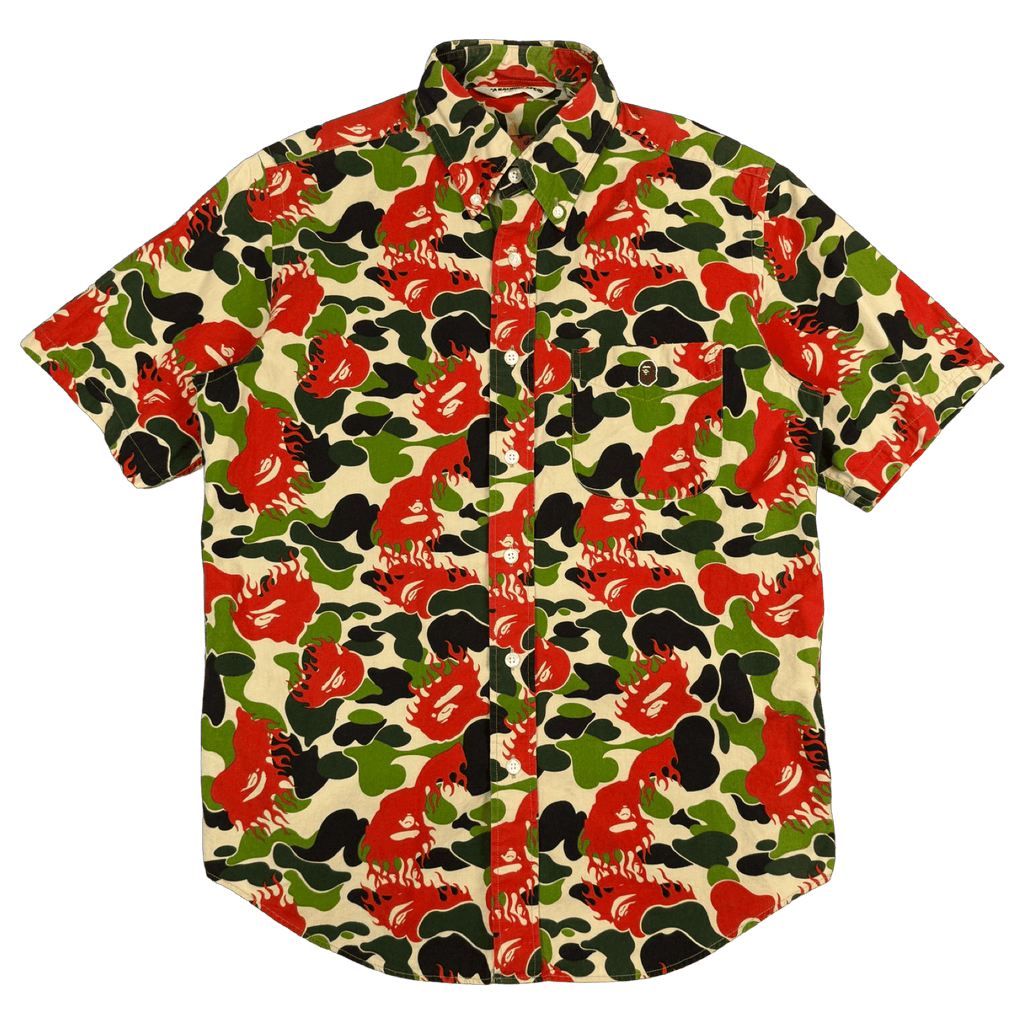 BAPE Fire Ape Head Camo Button Up Tee Green/Red (USED)