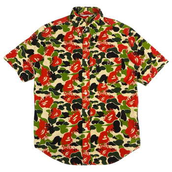 BAPE Fire Ape Head Camo Button Up Tee Green/Red (USED)
