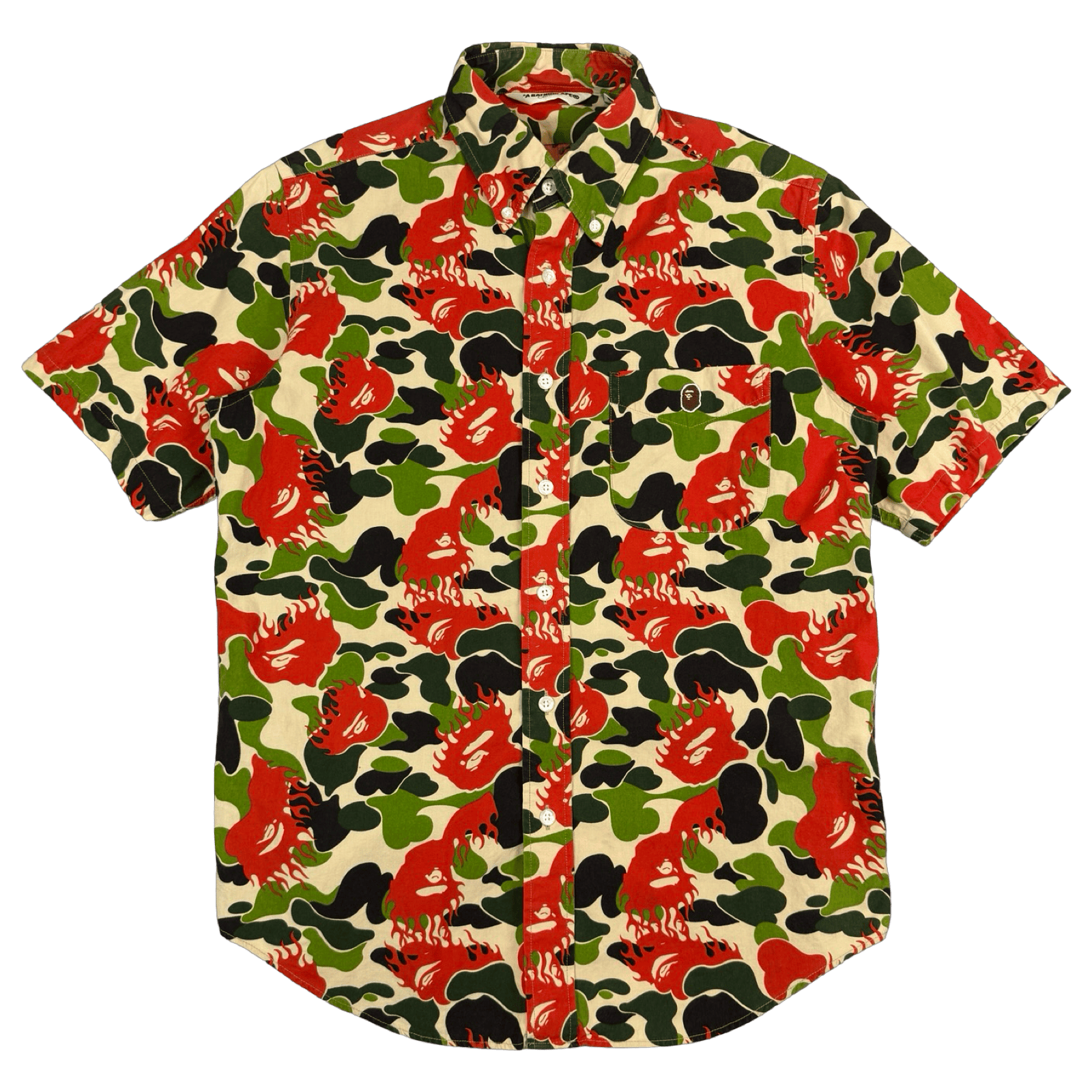 BAPE Fire Ape Head Camo Button Up Tee Green/Red (USED)