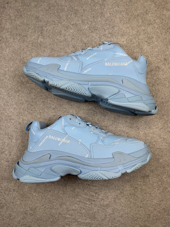 Balenciaga Triple S Logo Print Foam And Mesh Sneakers Light Blue (USED)