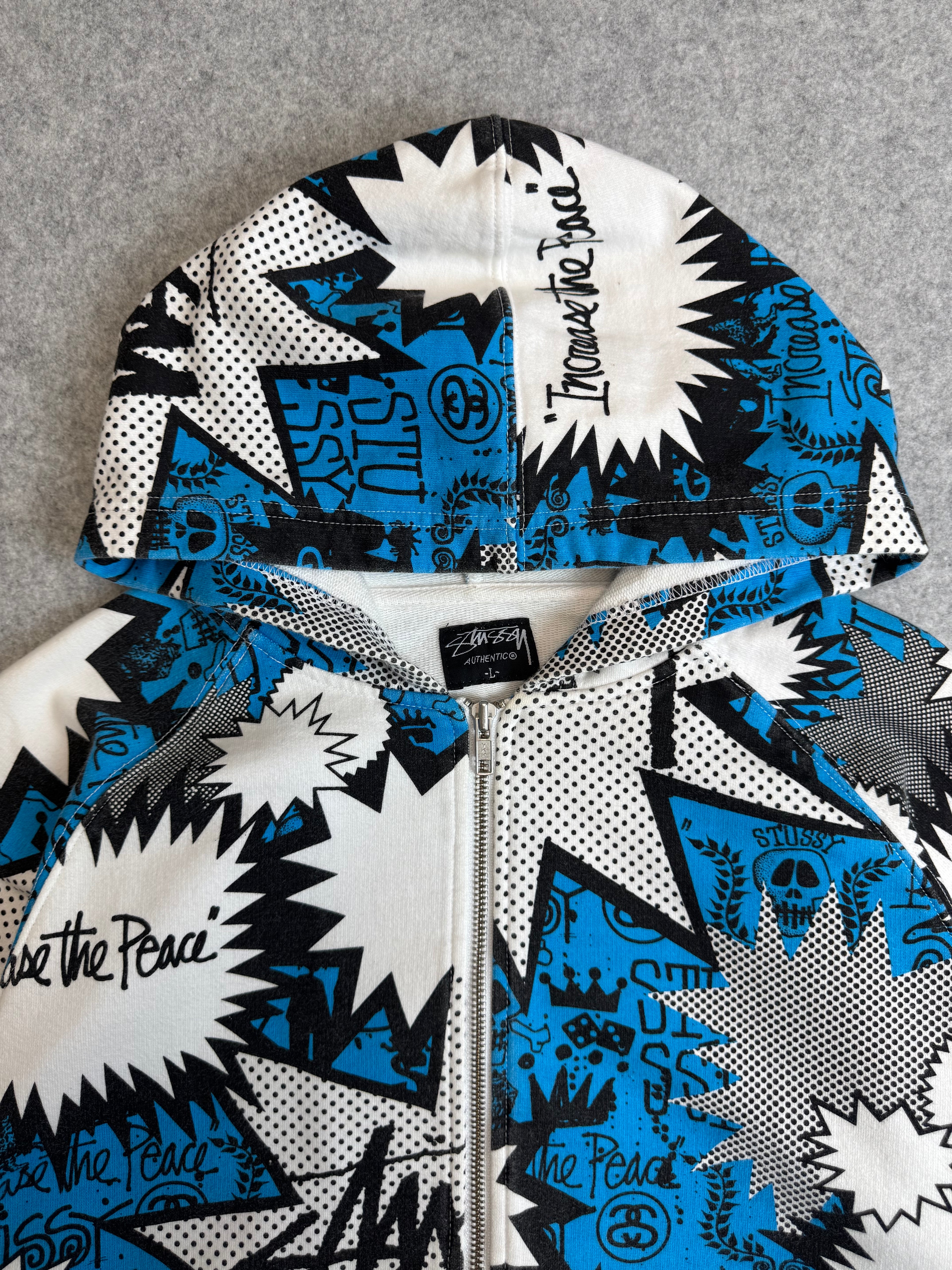 Stussy Vintage Comic AOP Zip Up Sweater White/Blue (USED)